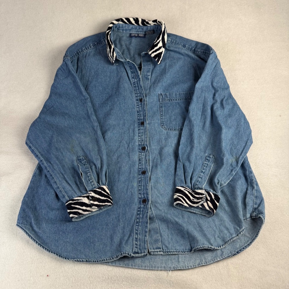 Cotton Works Womens XL Denim Button Down Shirt Zebra Print Trim Blue Vintage 90s